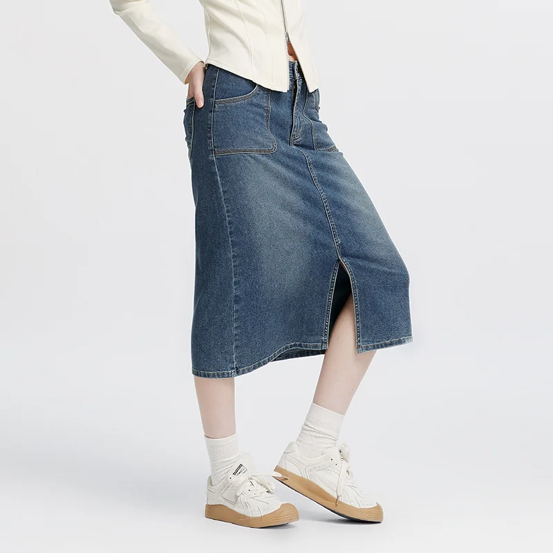 Falda de mezclilla Semir para mujer, estilo retro, recta, larga, ajustada, con abertura, para uso diario urbano y cómodo, otoño 2026