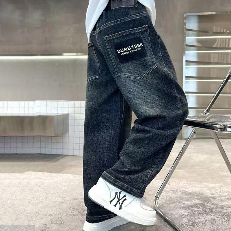 Pantalones Vaqueros de Felpa para Niños de 4 a 14 Años, Cálidos, a la Moda, con Letras, Holgados, Rectos, Informales, para Primavera, Otoño e Invierno