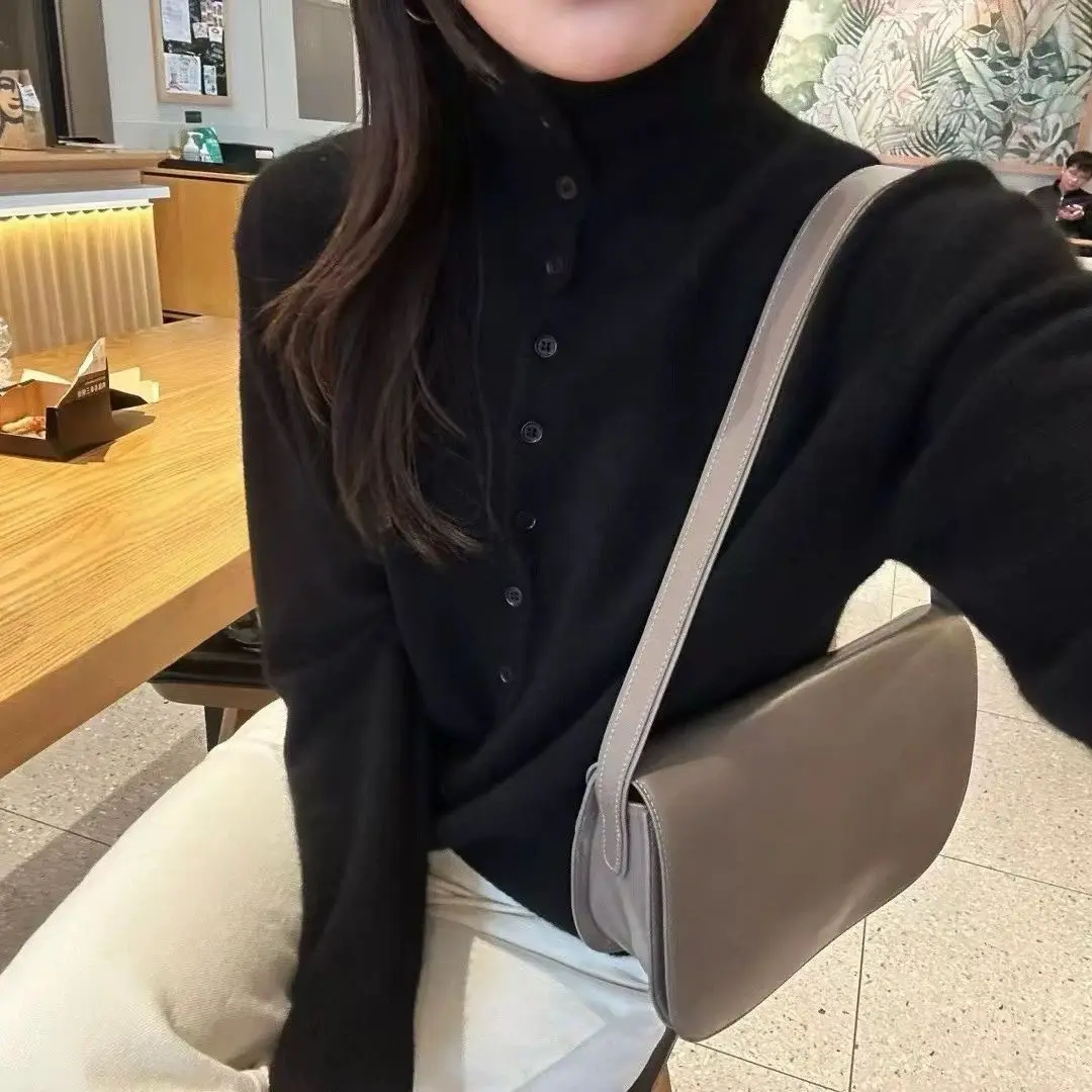 WinvyNee, ropa para mujer, suéteres de lana 100%, cuello alto, manga larga, jerséis con botones sólidos, prendas de punto suaves, Tops de otoño A1683006