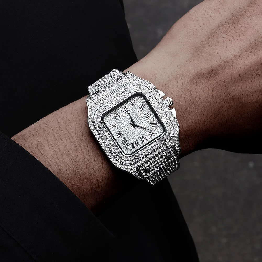 Relojes de negocios cuadrados de lujo para hombre, correa de acero, esfera romana, reloj de cuarzo con diamantes de imitación, reloj de pulsera masculino, reloj Masculino