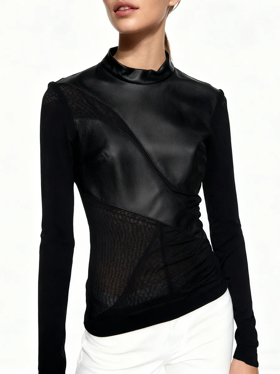 TWOTWINSTYLE, camisetas lisas adelgazantes de cuero empalmado a la moda para mujer, cuello redondo, manga larga, camiseta Sexy transparente, ropa femenina