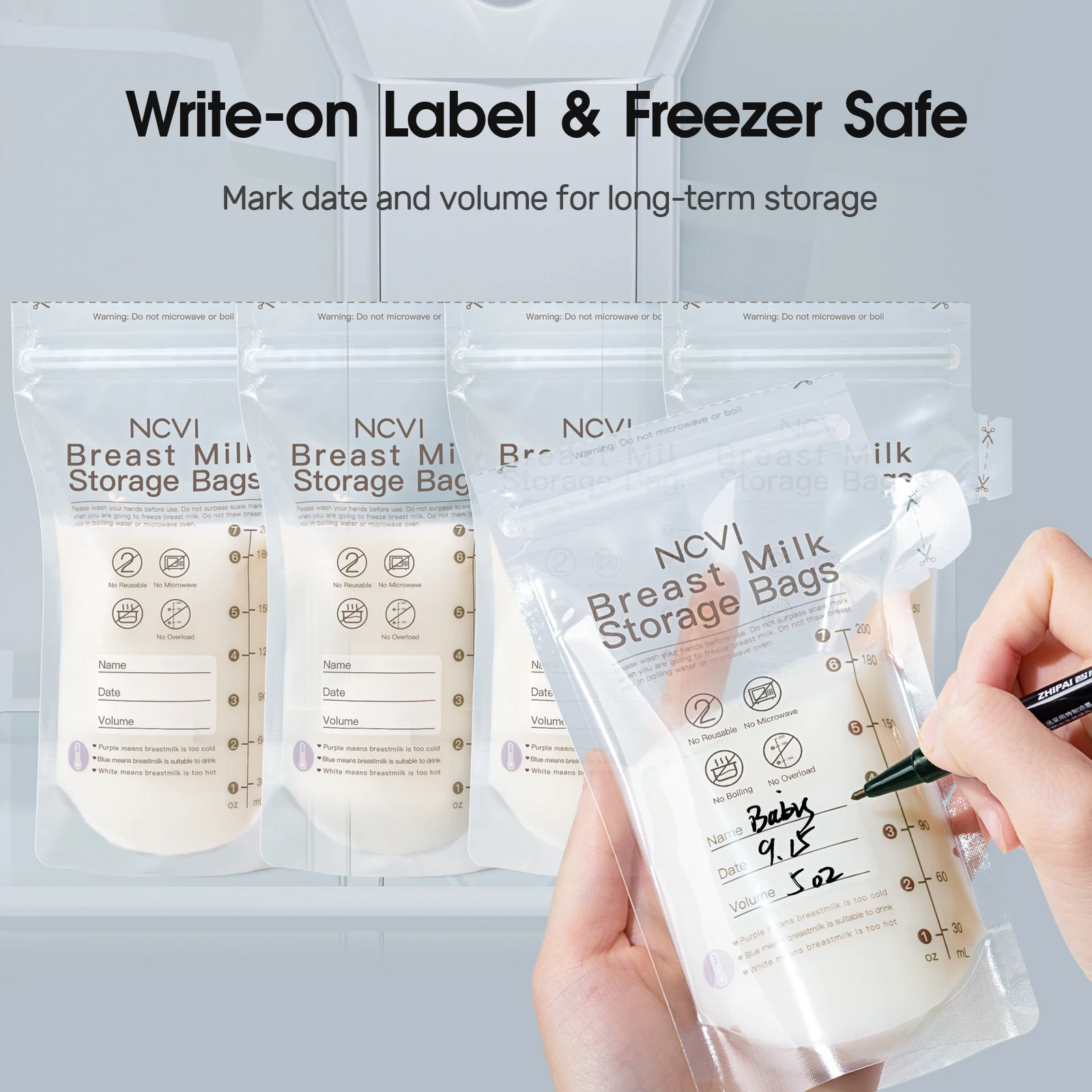 Bolsas para Almacenar Leche Materna NCVI, Bolsas para Congelar Leche de 200 ml para Lactancia, Bolsa de Conservación, con Sensor de Temperatura, Doble Sellado, Libre de BPA