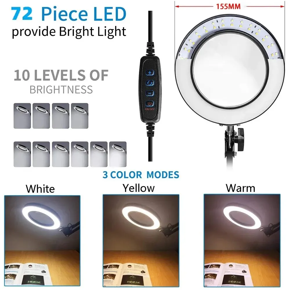 72LED 8X/10X nueva lupa iluminada USB 3 colores lupa LED para reparación de soldador/lámpara de mesa/belleza del cuidado de la piel