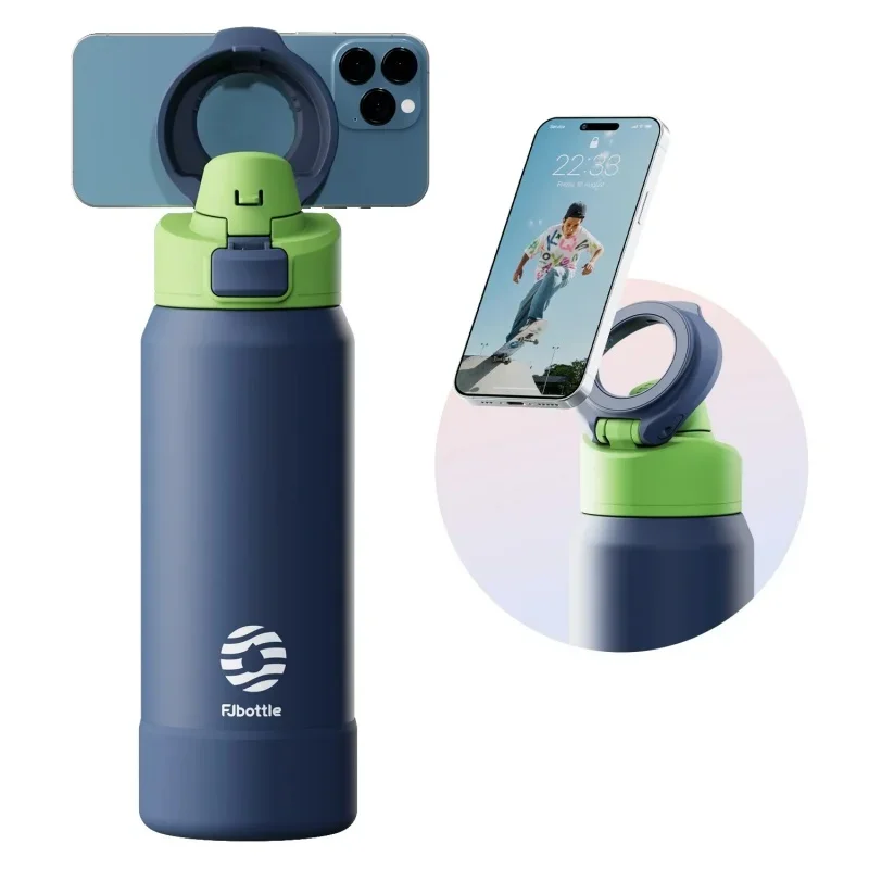 Botella de agua deportiva de acero inoxidable Fjbottle 710/950ML con soporte magnético para teléfono, tapa abatible, taza aislante, termo magnético.