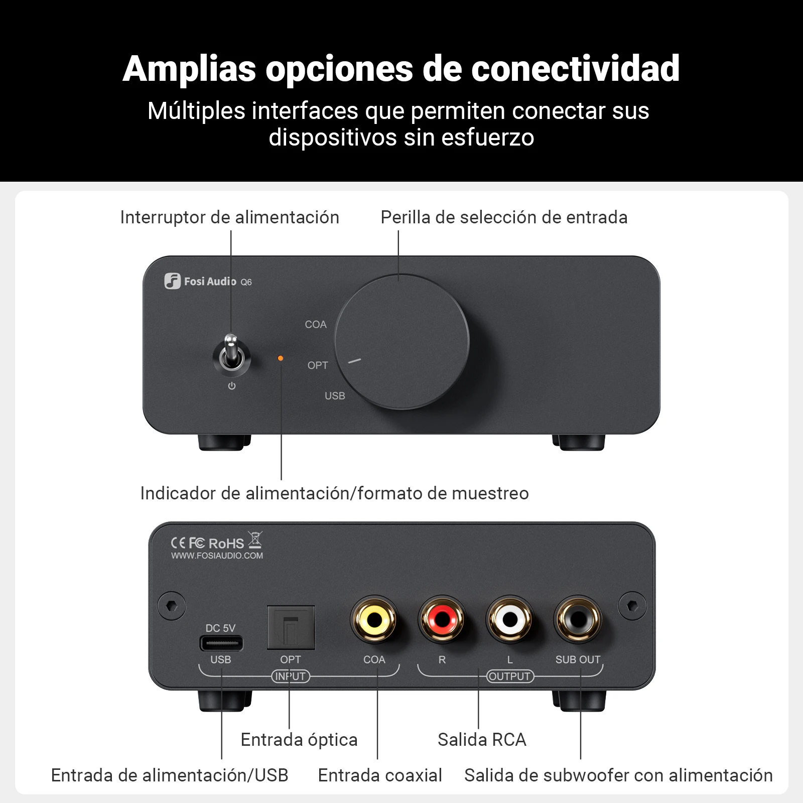 Fosi Audio Q6 USB DAC: chipset XMOS XU316 y AK4493S, PCM 768 kHz/32 bits y DSD512 DAC de alta fidelidad de escritorio compacto
