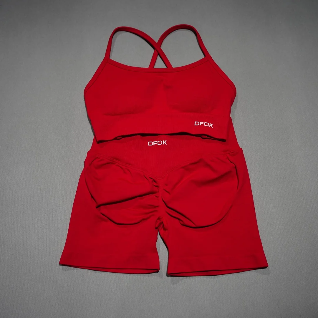 DFDK Conjunto deportivo de 2 piezas para mujer, sujetador deportivo con cordones, pantalones cortos sin costuras, leggings, conjunto deportivo para yoga, gimnasio, correr y fitness