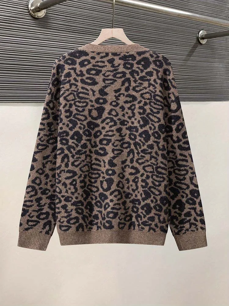 Suéter Cárdigan Casual para Mujer con Cuello en V, Estampado de Leopardo, Manga Larga y Botones, Moderno y Versátil, Rejuvenecedor y Retro