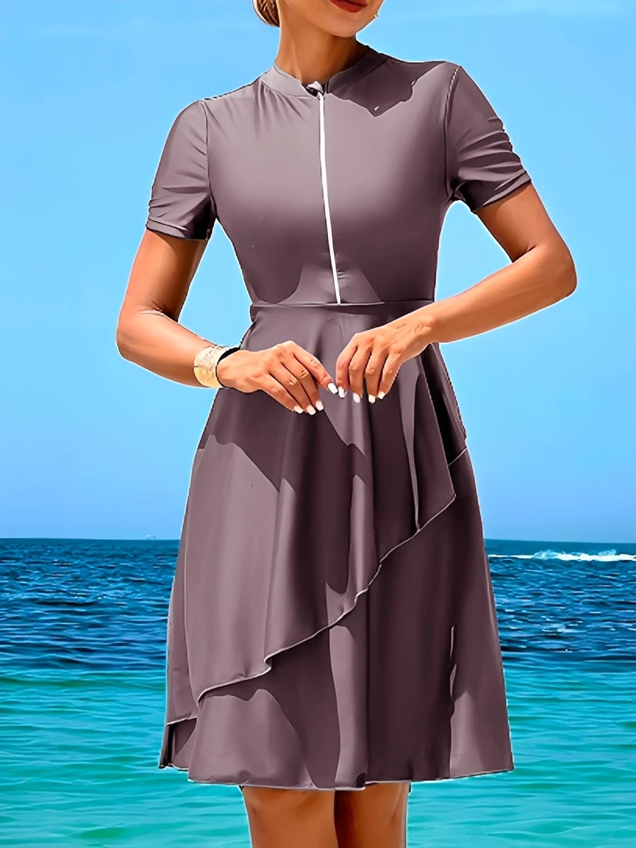 Traje de Baño de Dos Piezas con Cierre y Largo hasta la Rodilla para Mujer, Modelo 2026, Tankini, Vestido de Playa, Traje de Baño Sólido