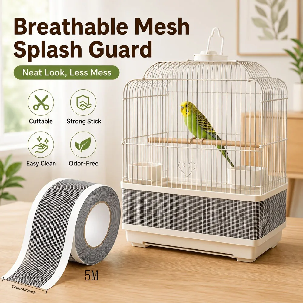 1 unidad de red de malla autoadhesiva y cortable para jaula de pájaros, protector transpirable antisalpicaduras, cubierta envolvente, accesorios para plumas de loros