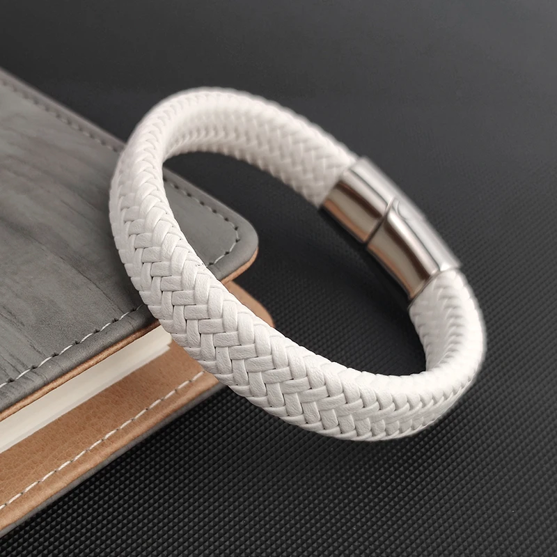 Pulsera trenzada de cuero blanco Simple a la moda, cierres de hebilla de acero inoxidable para hombres, brazalete hecho a mano, venta al por mayor, regalo de joyería