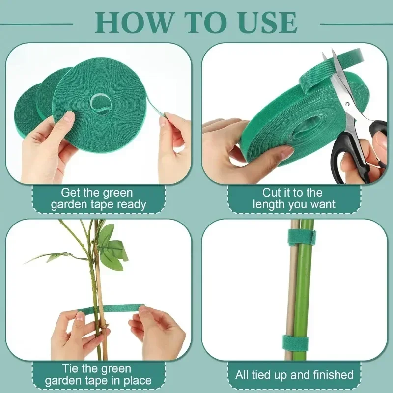 Brida para cables de nailon autoadhesiva, soporte de bucle de gancho ajustable verde para plantas, vendaje de hilo de jardín, tiras de cinta de sujeción reutilizables