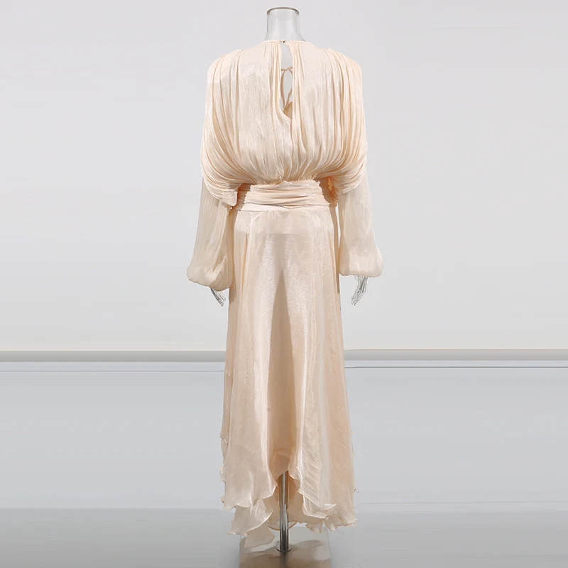 TWOTWINSTYLE, vestidos elegantes lisos sueltos con pliegues empalmados para mujer, cuello redondo, manga larga, vestido de retazos con cordones, moda femenina