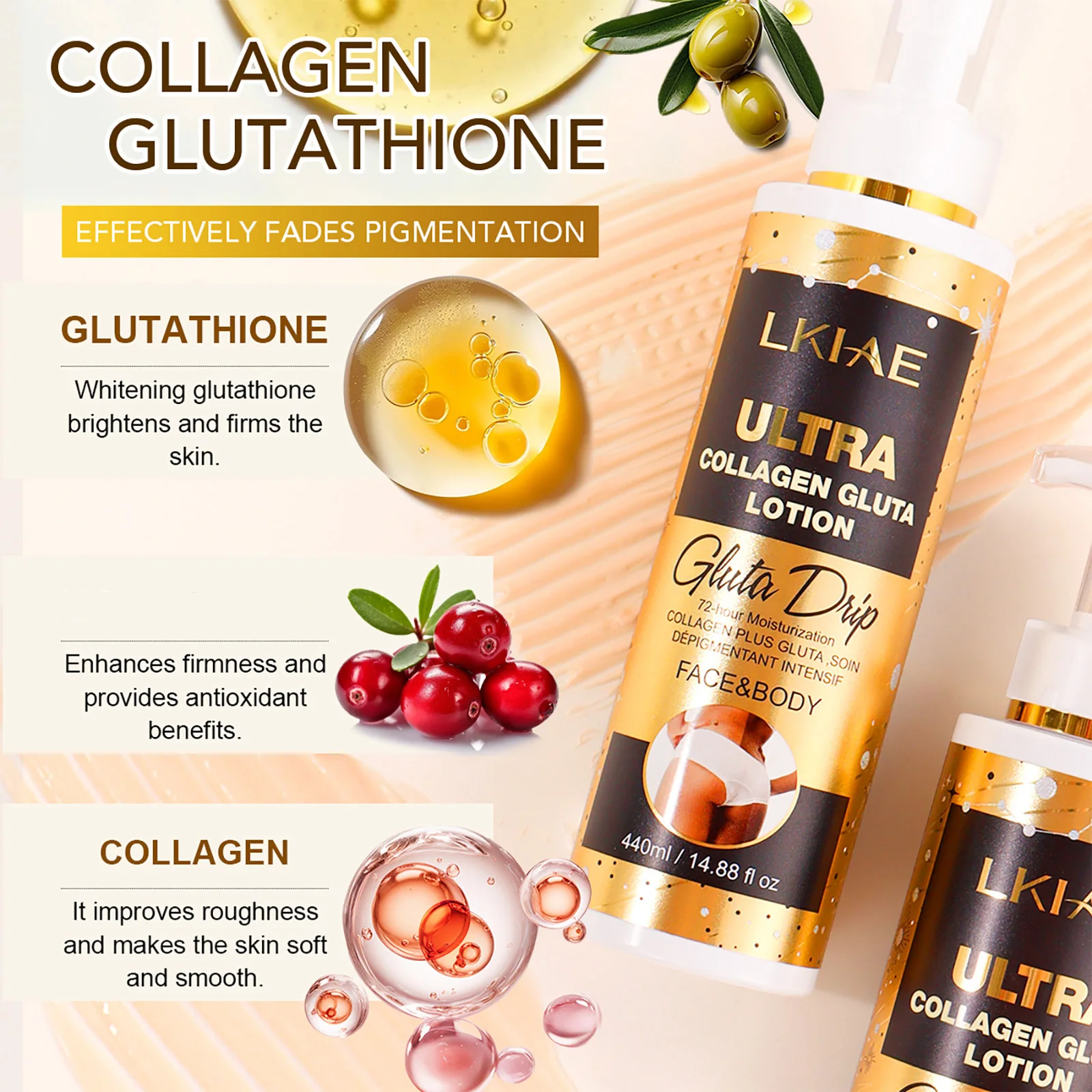 LKIAE Ultra Glutatión y Colágeno Loción Corporal, Blanqueadora, Hidratante, Antipigmentación, Manchas Oscuras, Unifica el Tono de Piel, 440ml