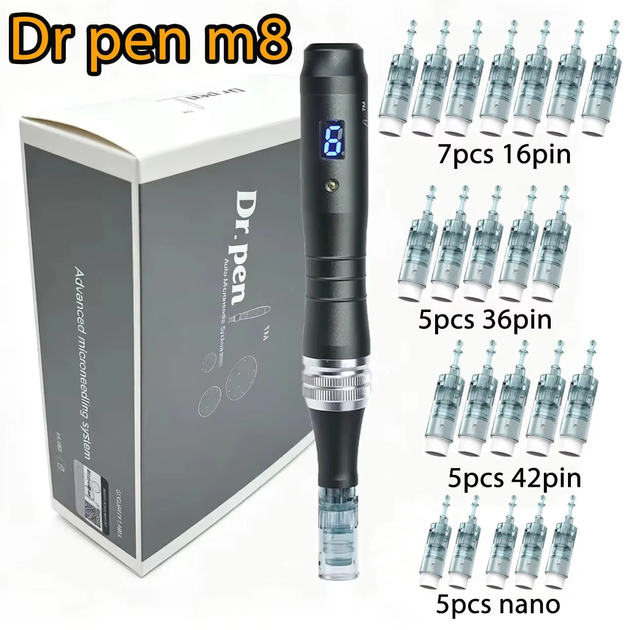 Dr.Pen M8 Dermapen Inalámbrico, Máquina de Microagujas Fácil de Usar en Casa, Incluye 7 Agujas de 16 Pines, 5 Agujas de 36 y 42 Nano Pines, Longitud de 0.25 mm