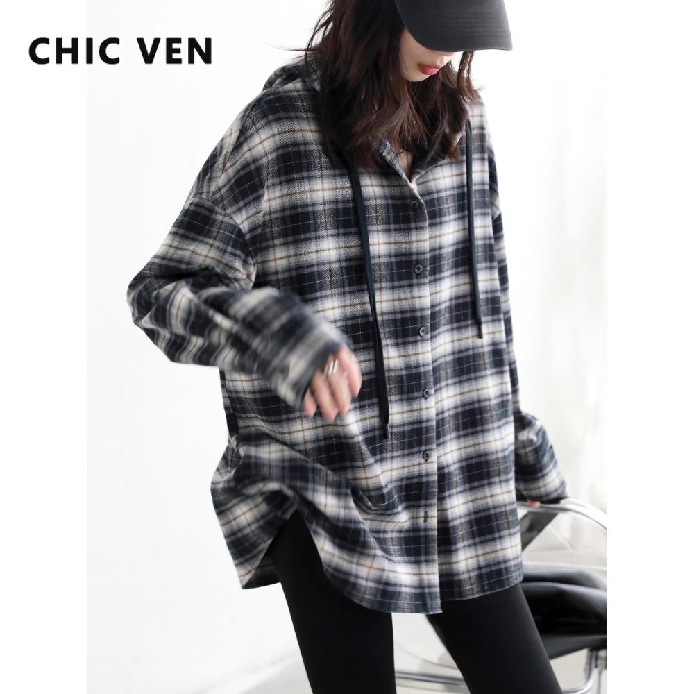 CHIC VEN-camisa coreana para mujer, blusas a cuadros con capucha cepilladas de algodón, abrigo femenino de gran tamaño de manga larga, Otoño Invierno 2025