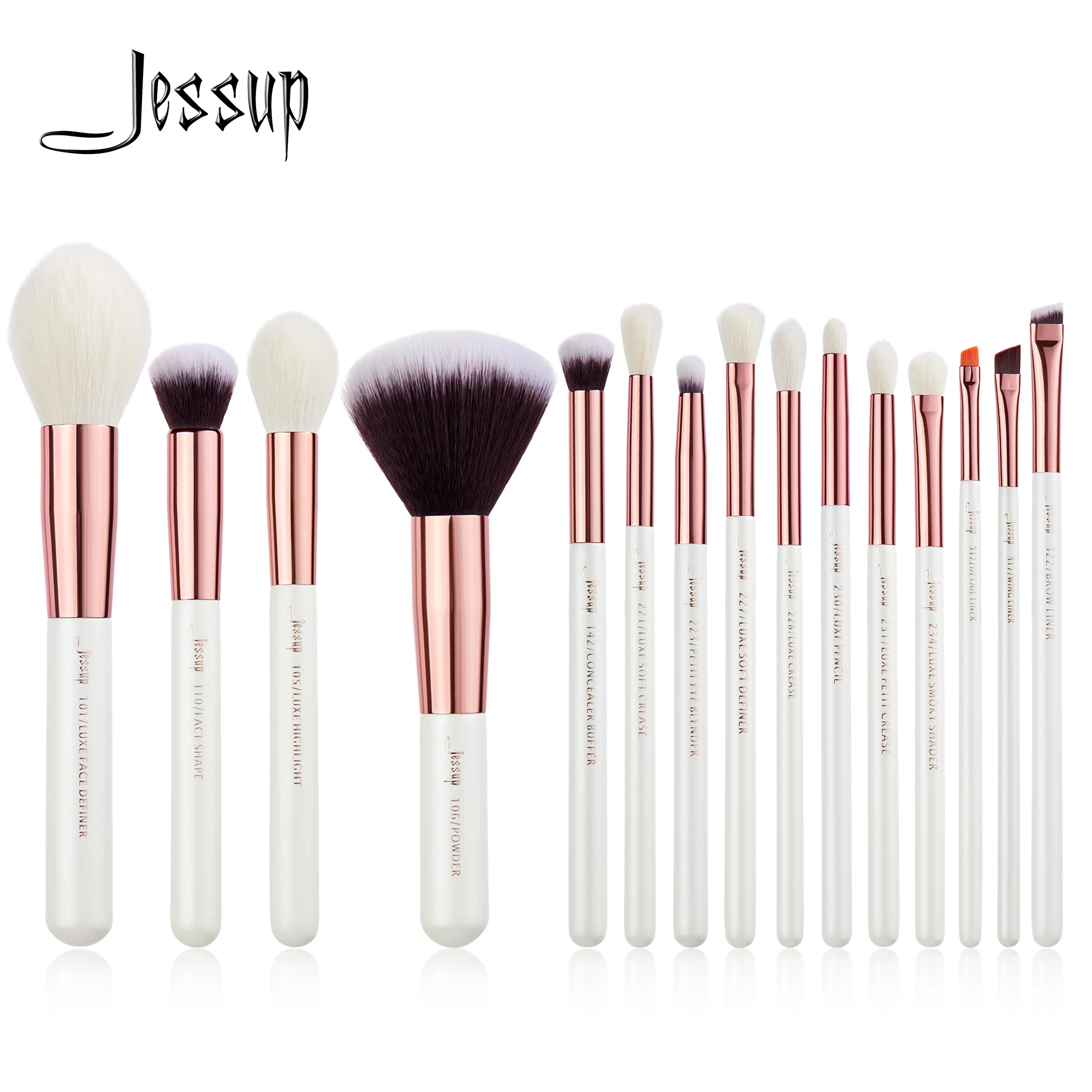 Jessup-Juego de brochas de maquillaje profesionales, 15 piezas, brocha de maquillaje Natural-sintético, base en polvo, detalle de ojos, blanco perla T222