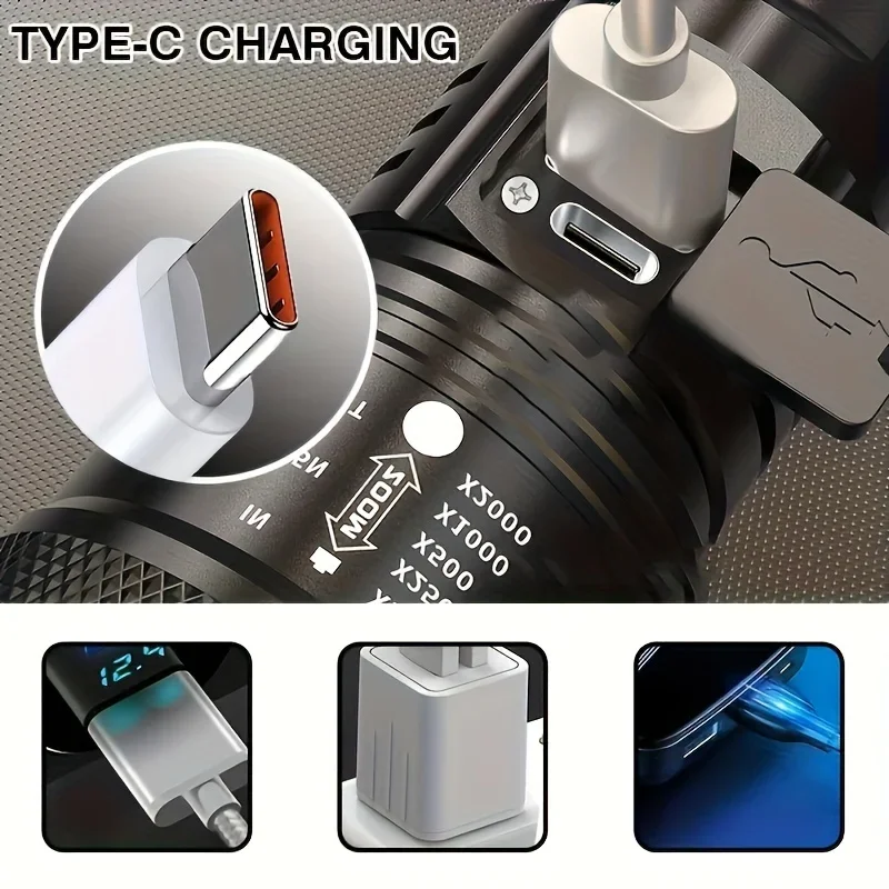 Linterna con Zoom telescópico, Luz LED de alta potencia recargable por USB, linterna táctica portátil para exteriores, luz fuerte