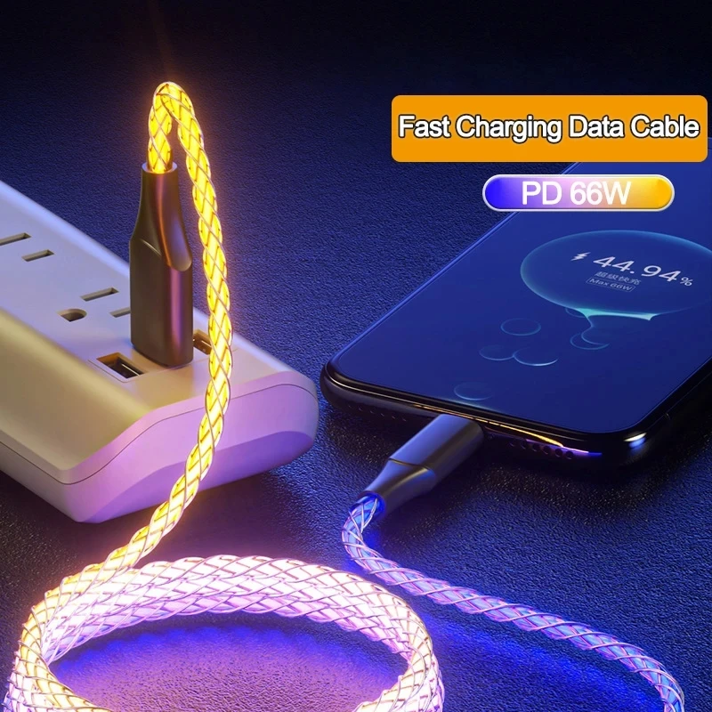 Cable de datos de carga rápida para móvil, cargador de TYPE-C de 66W, con luz RGB de 6A, para iPhone 15 Pro, Huawei y Samsung