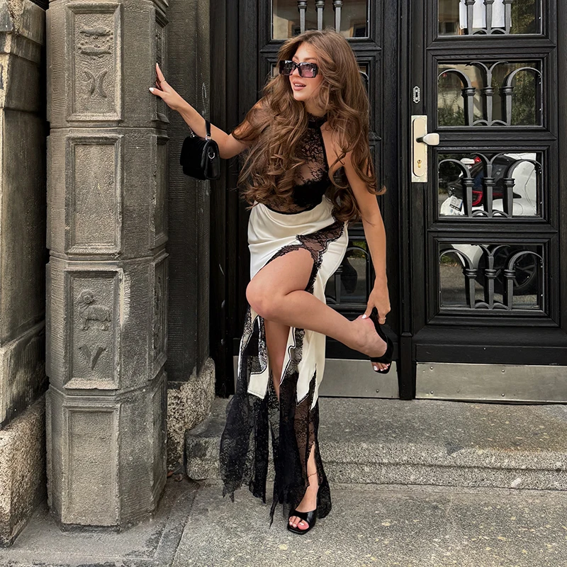 Vestido largo de encaje con espalda descubierta y tirantes, sexy, semitransparente, con abertura lateral alta, sin mangas, vestidos midi, elegantes vestidos de noche para damas, vestidos de fiesta.