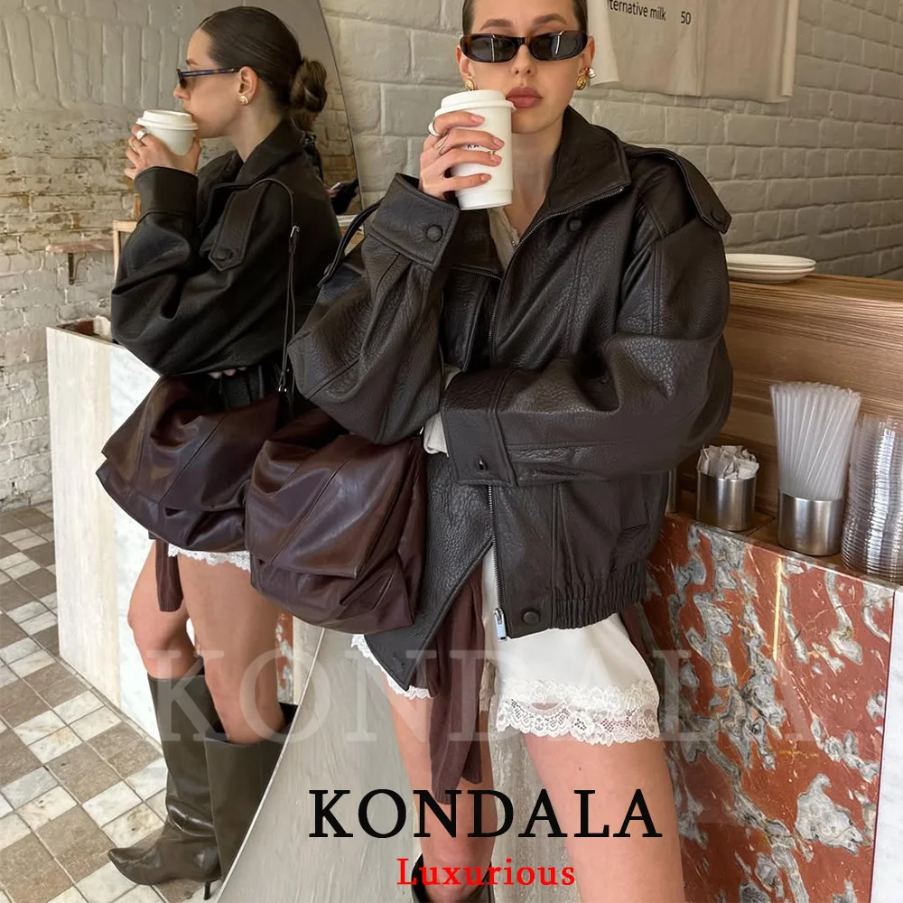 KONDALA, chaquetas informales elegantes de cuero negro para mujer, abrigos elásticos de manga larga con botones, abrigos de gran tamaño a la moda, ropa de calle de primavera 2026