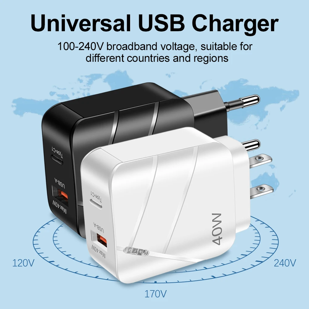 Total 40W PD USB C cargador carga rápida QC 3,0 adaptador de cargador de pared para iPhone 14 13 Samsung Xiaomi cargador USB carga rápida