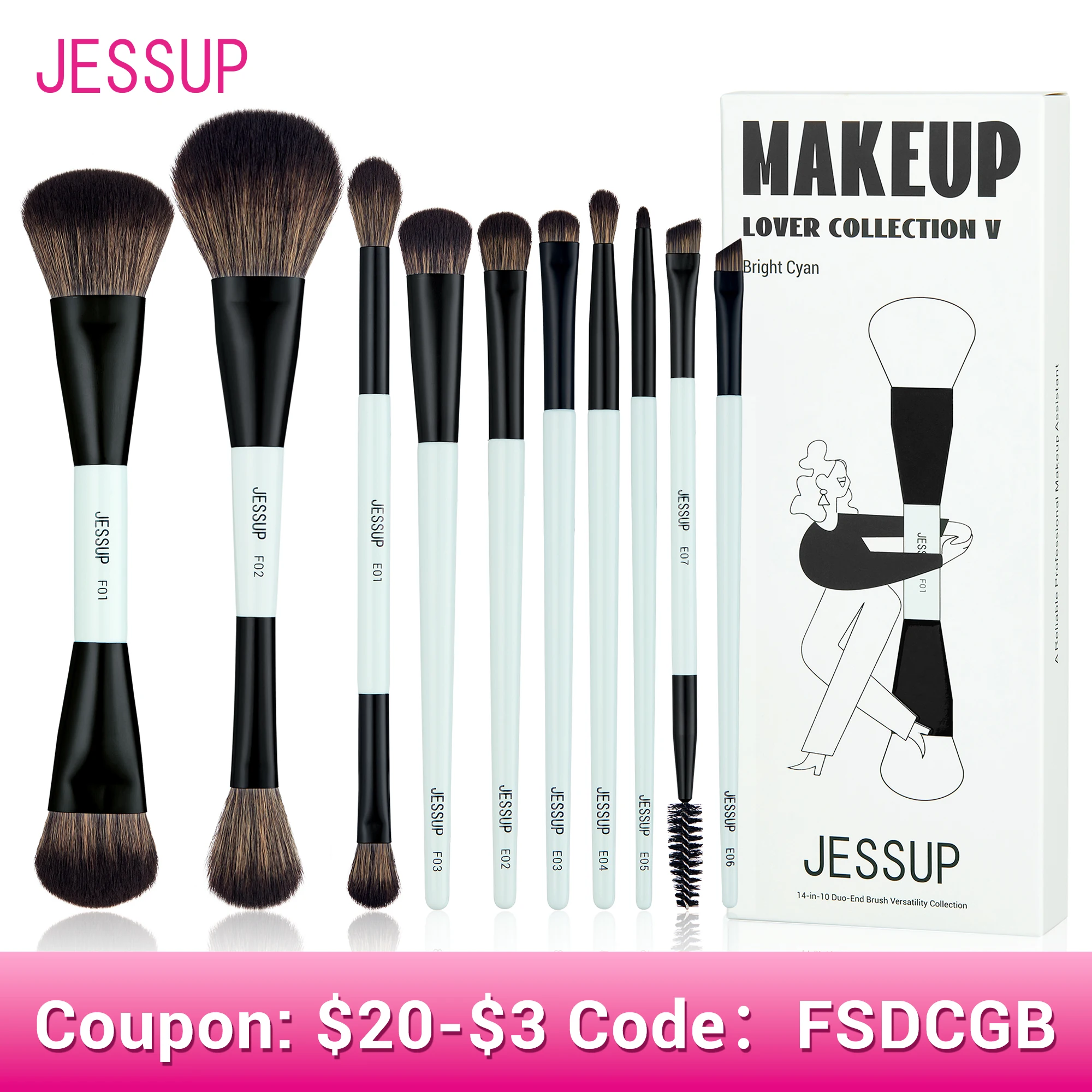 Jessup Juego de brochas de maquillaje 2/3/6/10PCS, brocha de contorno de base de doble cara colorete mezcla sombra de ojos corrector sin crueldad T500
