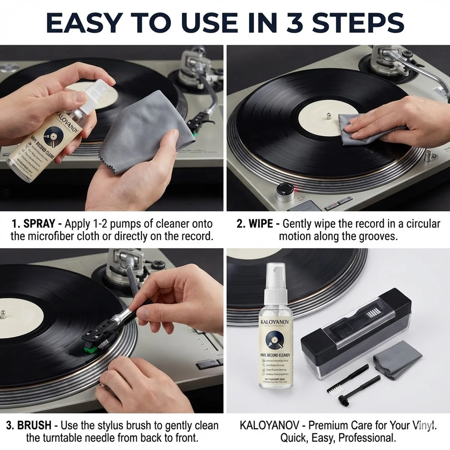 Kit Profesional de Limpieza de Discos de Vinilo con Spray sin Alcohol, Cepillo de Terciopelo y Limpiador de Agujas para el Mantenimiento de Tocadiscos LP
