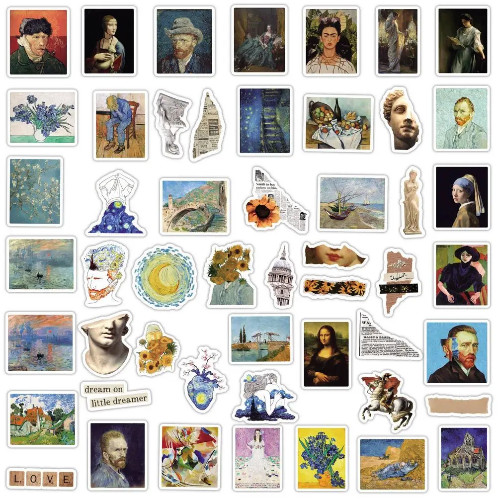 50 Uds. Pegatinas de ilustraciones de pintura del mundo estético Da Vinci Vincent Van Gogh DIY pegatina de Graffiti juguete para regalo para niños impermeable