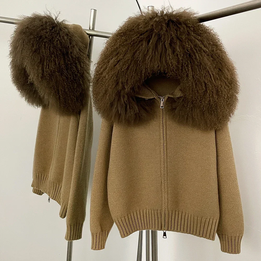 Abrigo cárdigan para mujer, abrigo de piel de zorro Natural, prendas de punto de piel mongol auténtica para mujer, chaqueta de piel tejida con capucha para primavera y otoño