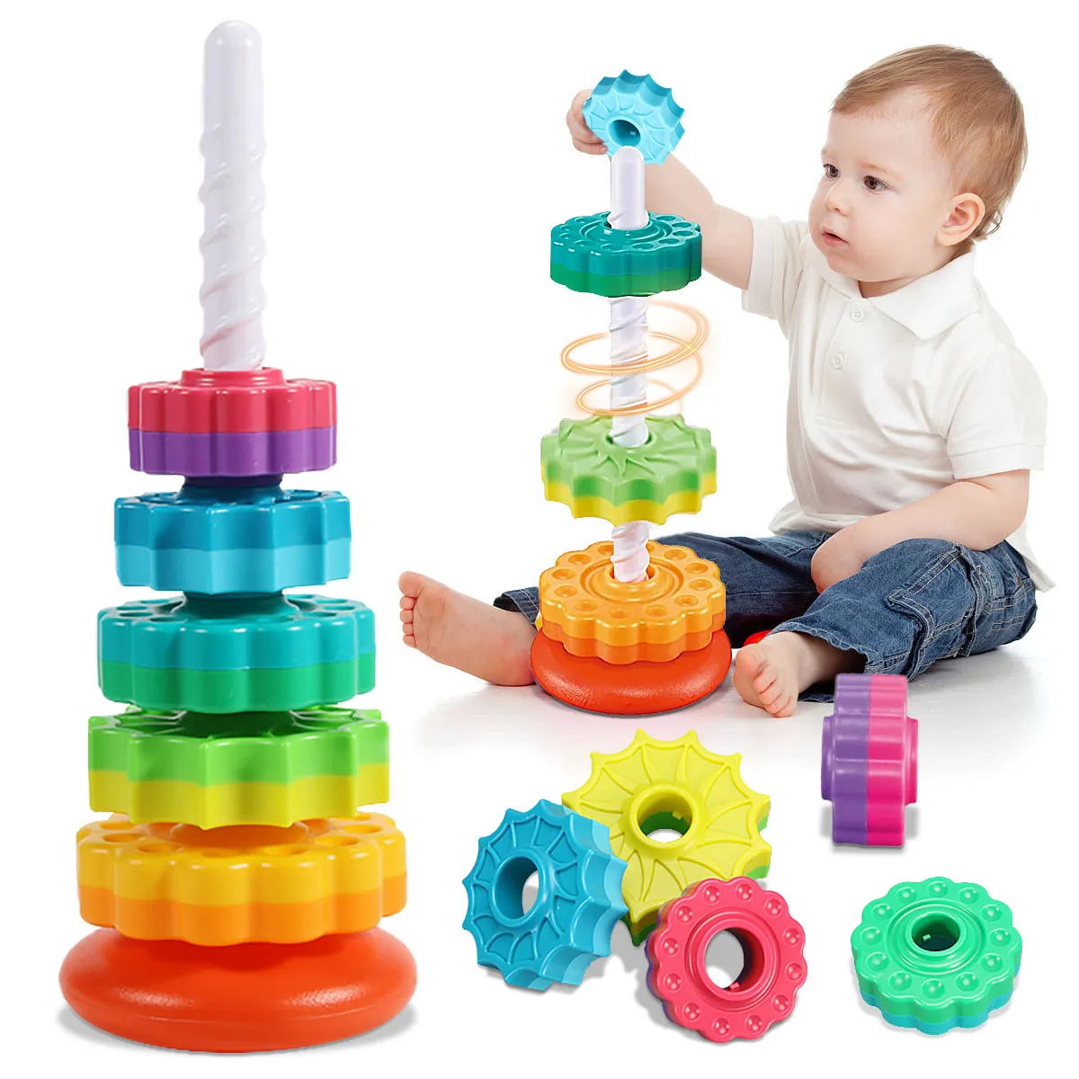 Torre Arcoíris Giratoria Montessori, Juguetes de Apilamiento para Bebés, Juguetes Infantiles de Colores Seguros y Ecológicos