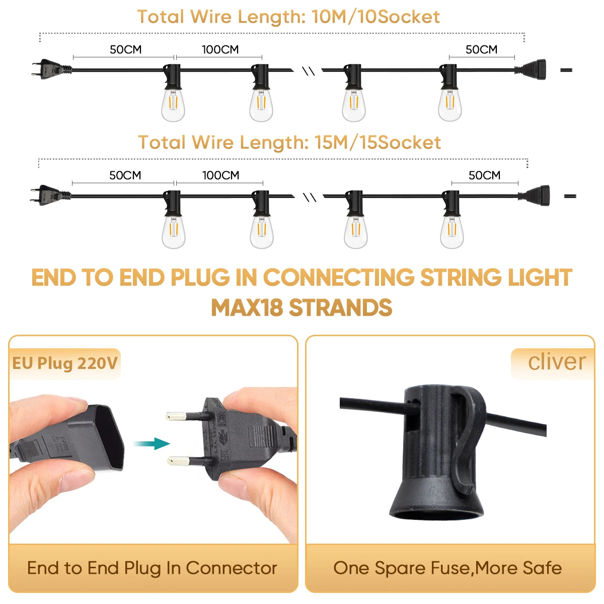 Guirnalda Led de plástico S14 E27 220V guirnalda de luces de la UE inastillable impermeable conectable jardín al aire libre guirnalda decorativa de Año Nuevo