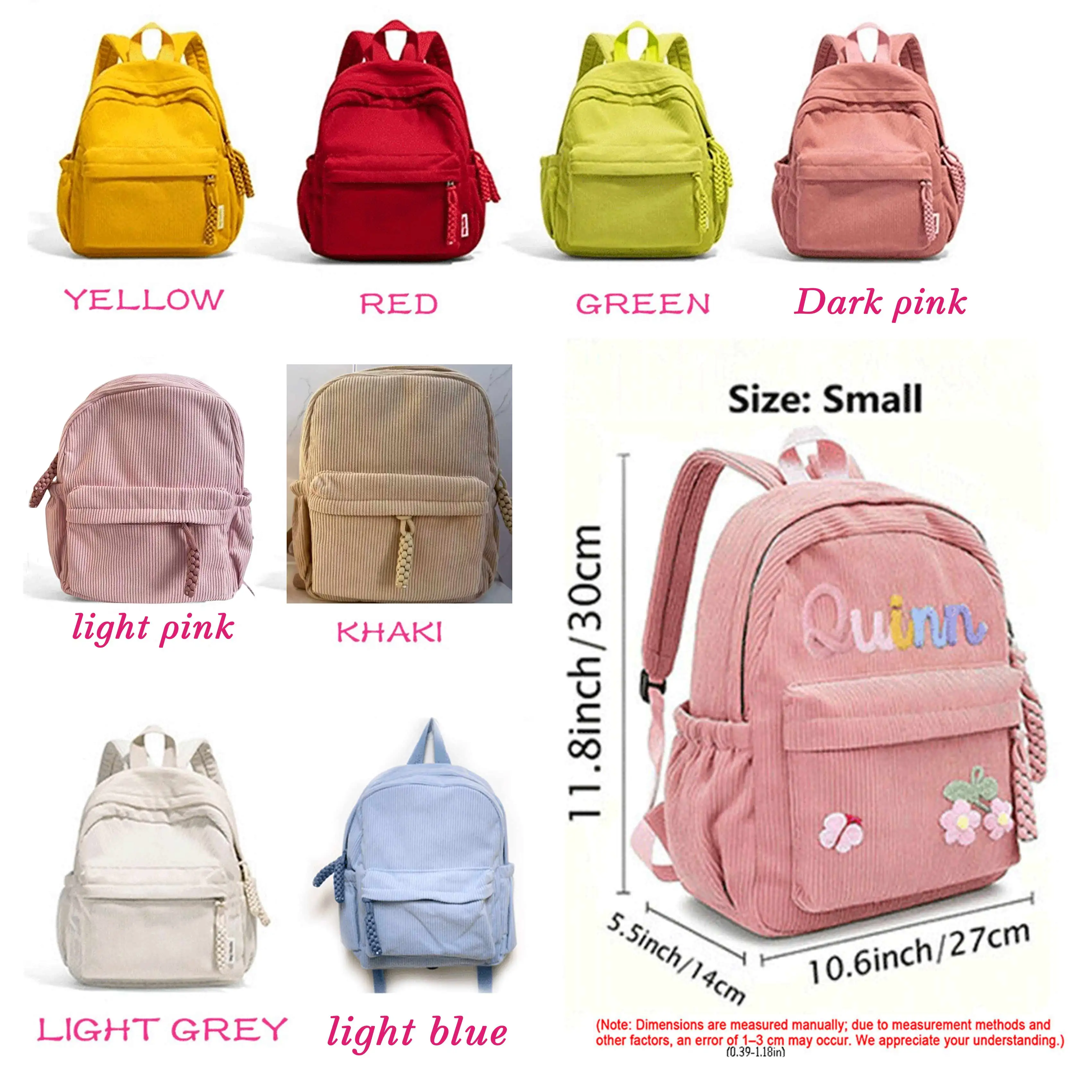 Mochila pequeña de pana personalizada de alta calidad – Mochila escolar personalizable con estampado de nombre; Bonita y práctica