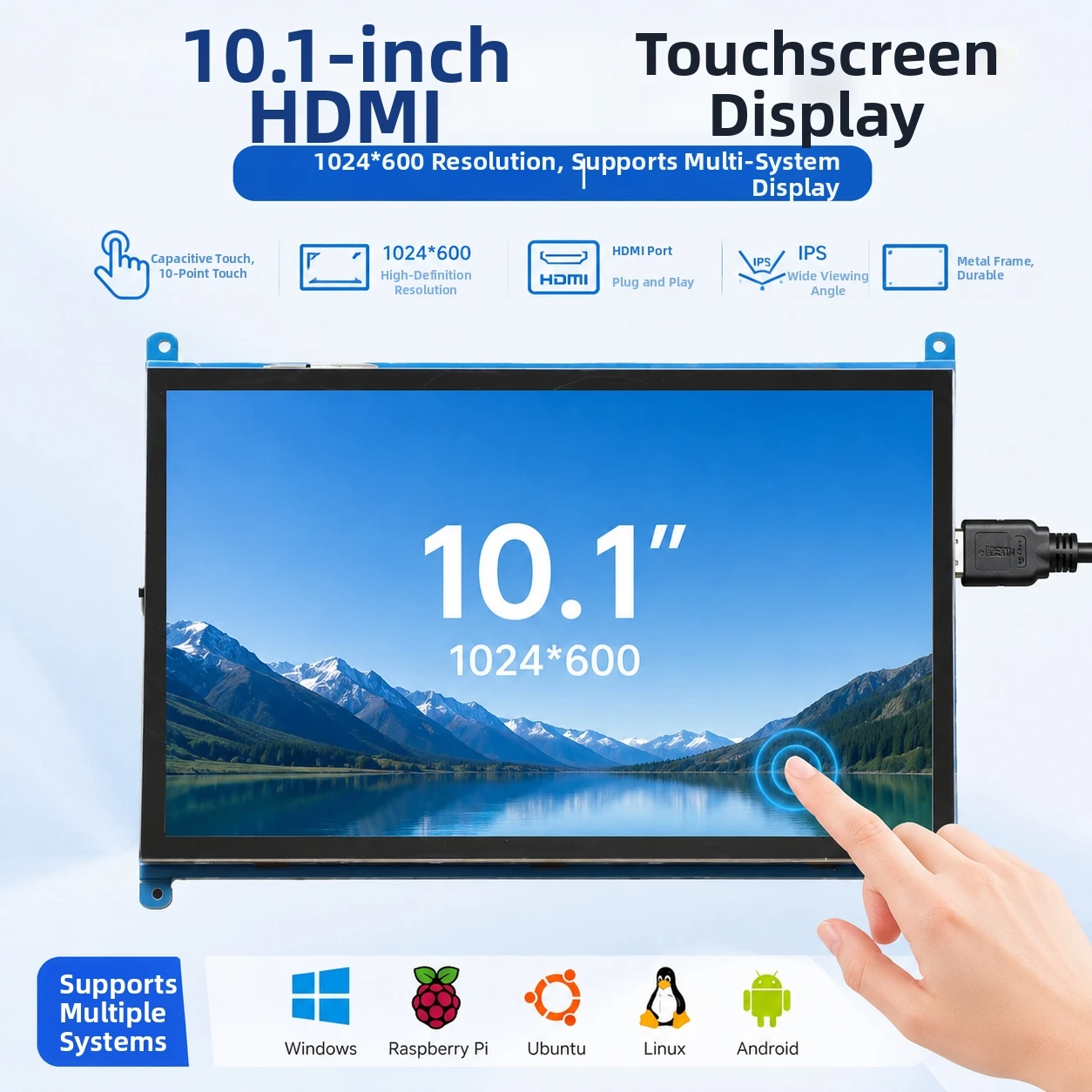 Monitor Raspberry Pi 4/3/2/B/B+/A+ de 10,1 pulgadas, 1024x600 IPS, pantalla táctil capacitiva de 5 puntos, pantalla HDMI sin necesidad de unidad para Win 7/8/10