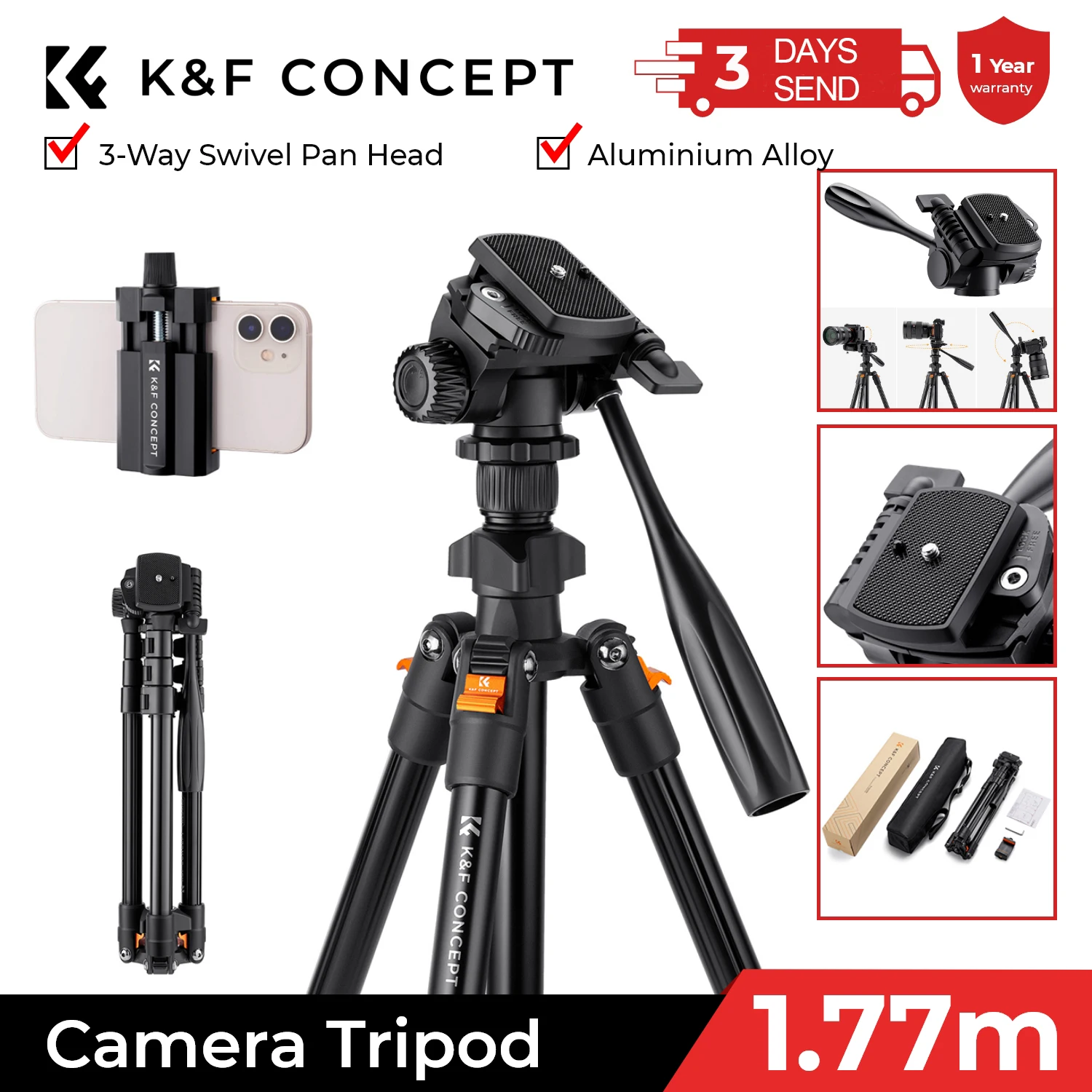 Trípode de Video K&F CONCEPT de 64 Pulgadas/162 cm, Trípodes Ligeros de Aluminio para Fotografía, Transmisión en Vivo, Soporte para Teléfono con Cámara DSLR