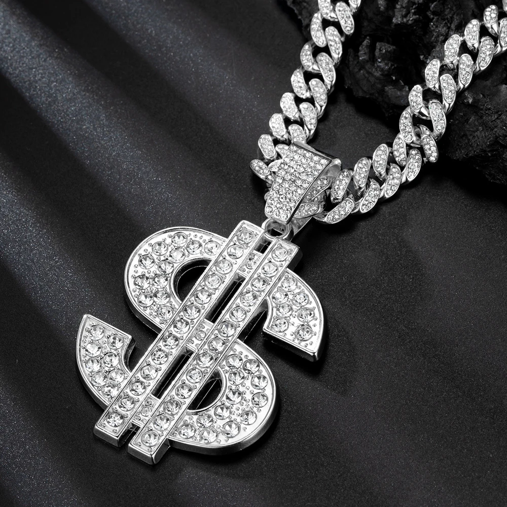 Collar con colgante de dólar de Hip Hop a la moda con cadena cubana de 13mm, collares con signo de dinero de dólar estadounidense, joyería Punk de Rap Rock para regalo de hombre