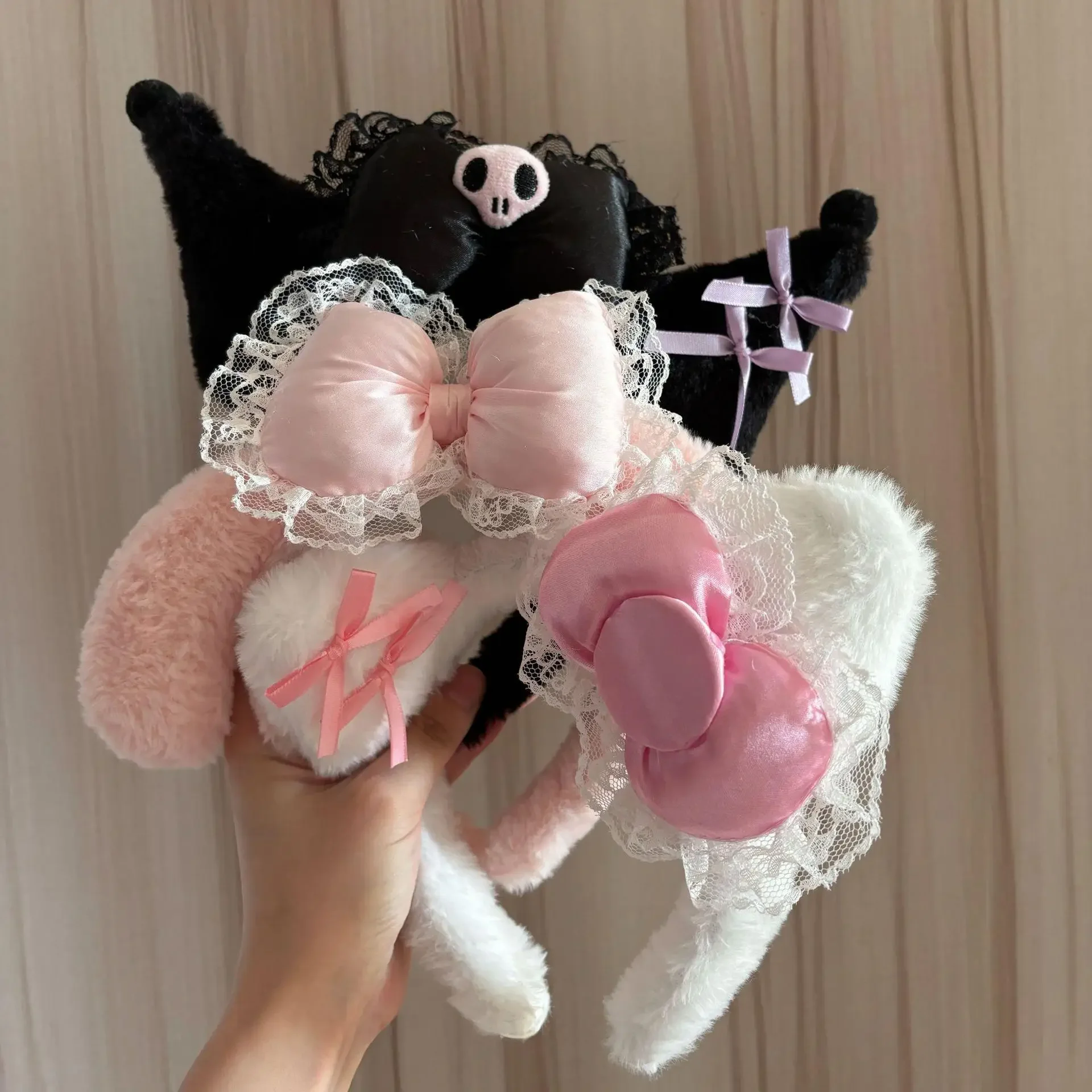 Diadema de Peluche de Hello Kitty, Melody y Kuromi, con Lazo Rosa y Negro, para Cosplay, Halloween, Disfraces y Regalos