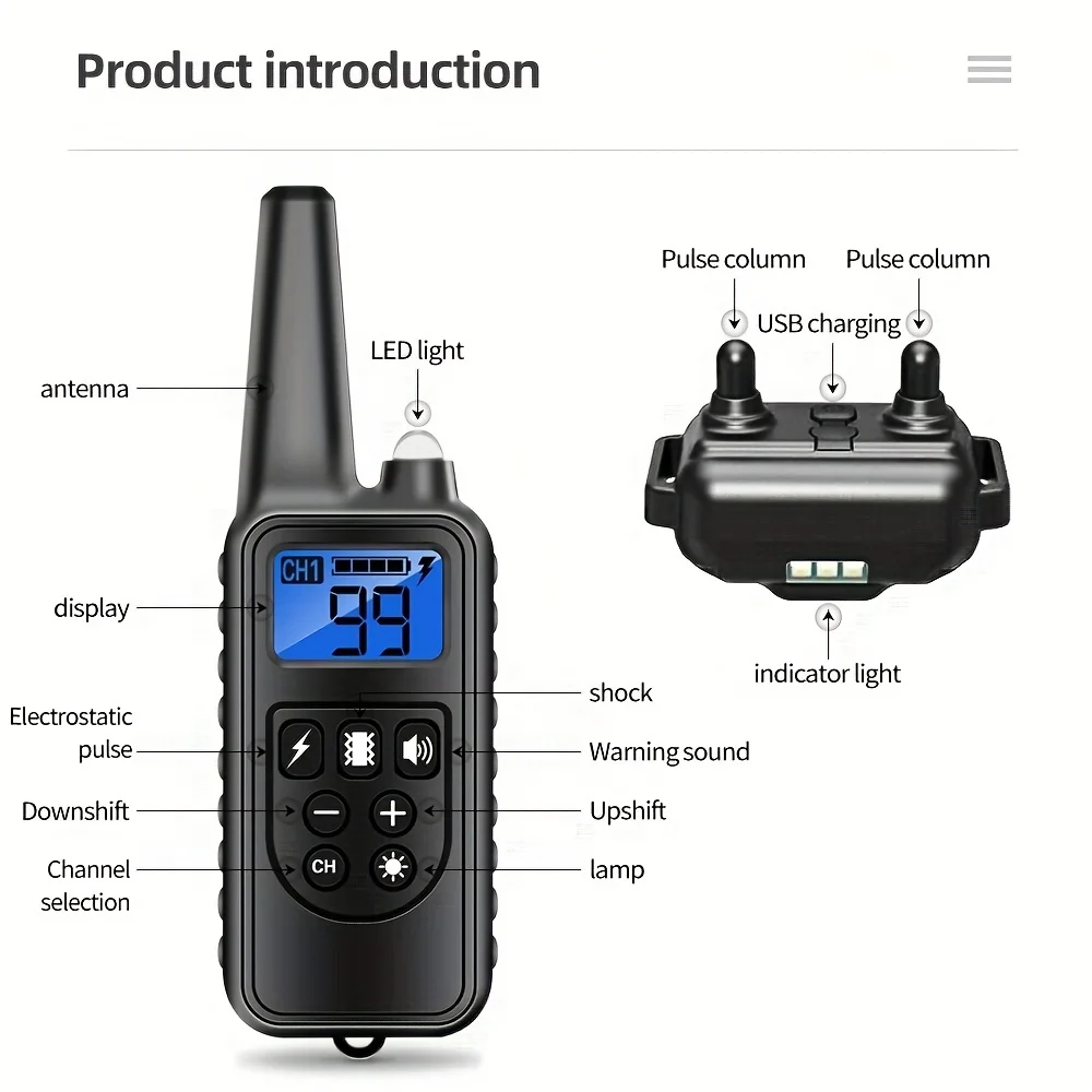 Collar de choque para perros con control remoto, Collar eléctrico de entrenamiento para perros, Recargable impermeable, Collar de choque para perros con luz LED, pitido, Vibra