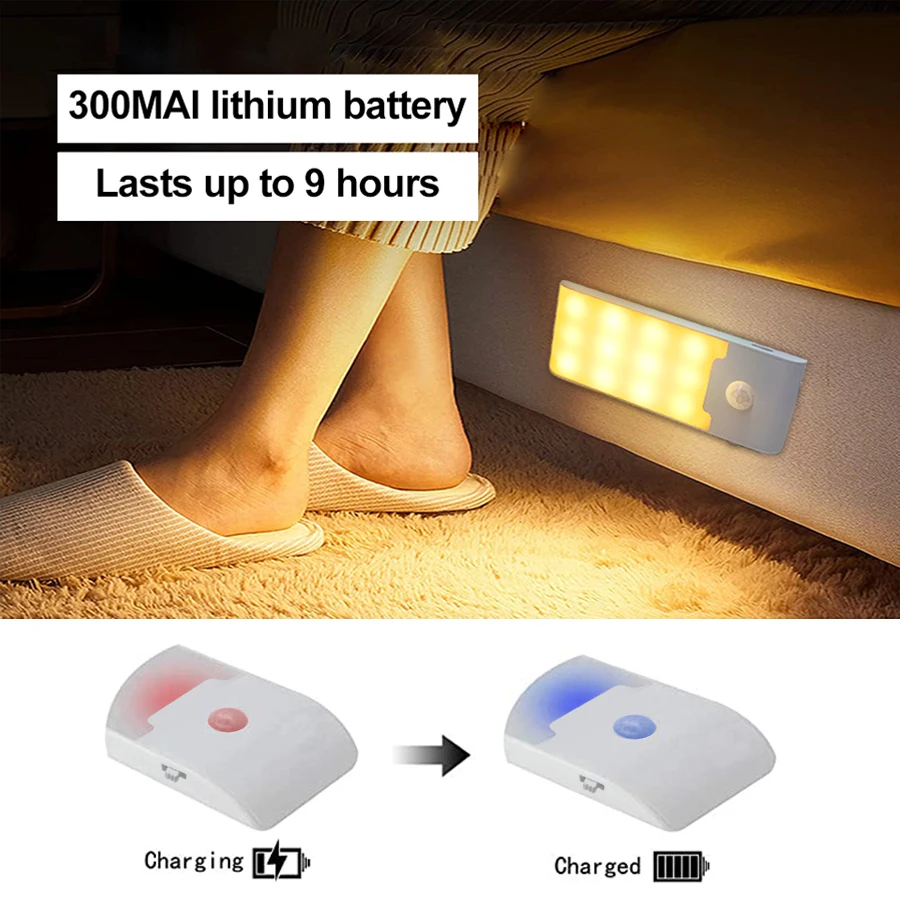 Luz nocturna de 12LED con Sensor de movimiento, lámpara LED recargable por USB para pasillo, baño, armario, cocina, debajo del gabinete, alto brillo