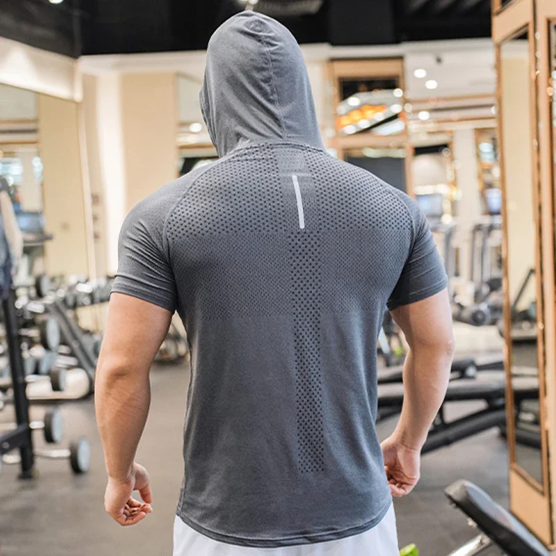 Sudaderas con capucha para correr para hombre, culturismo, deporte, manga corta, gimnasios, ropa de Fitness, camisa muscular, camiseta de entrenamiento de secado rápido