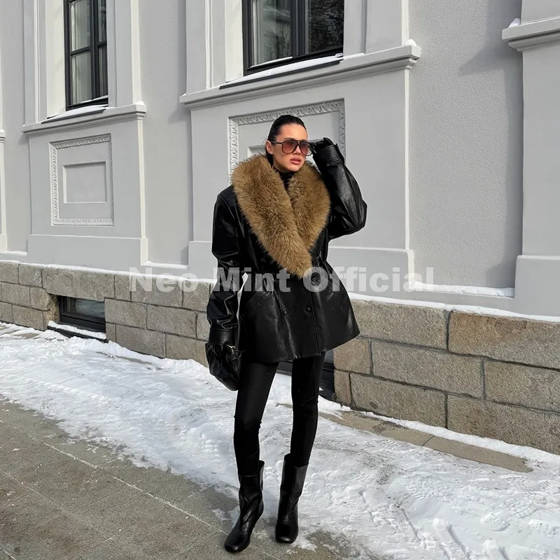 Abrigo Largo de Cuero Sintético Negro de Diseño de Moda de Marca de Lujo Neo Mint para Mujer, Chaqueta de Cuero PU Extra Grande con Cuello de Piel Desmontable