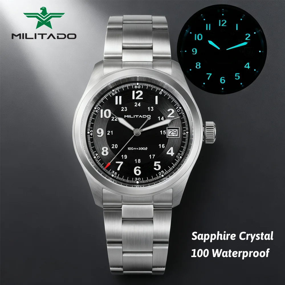 Reloj de cuarzo Militado ML08 Vintage Ronda 515 movimiento Ar espejo de zafiro 38Mm reloj de pulsera fecha relojes impermeables superluminosos