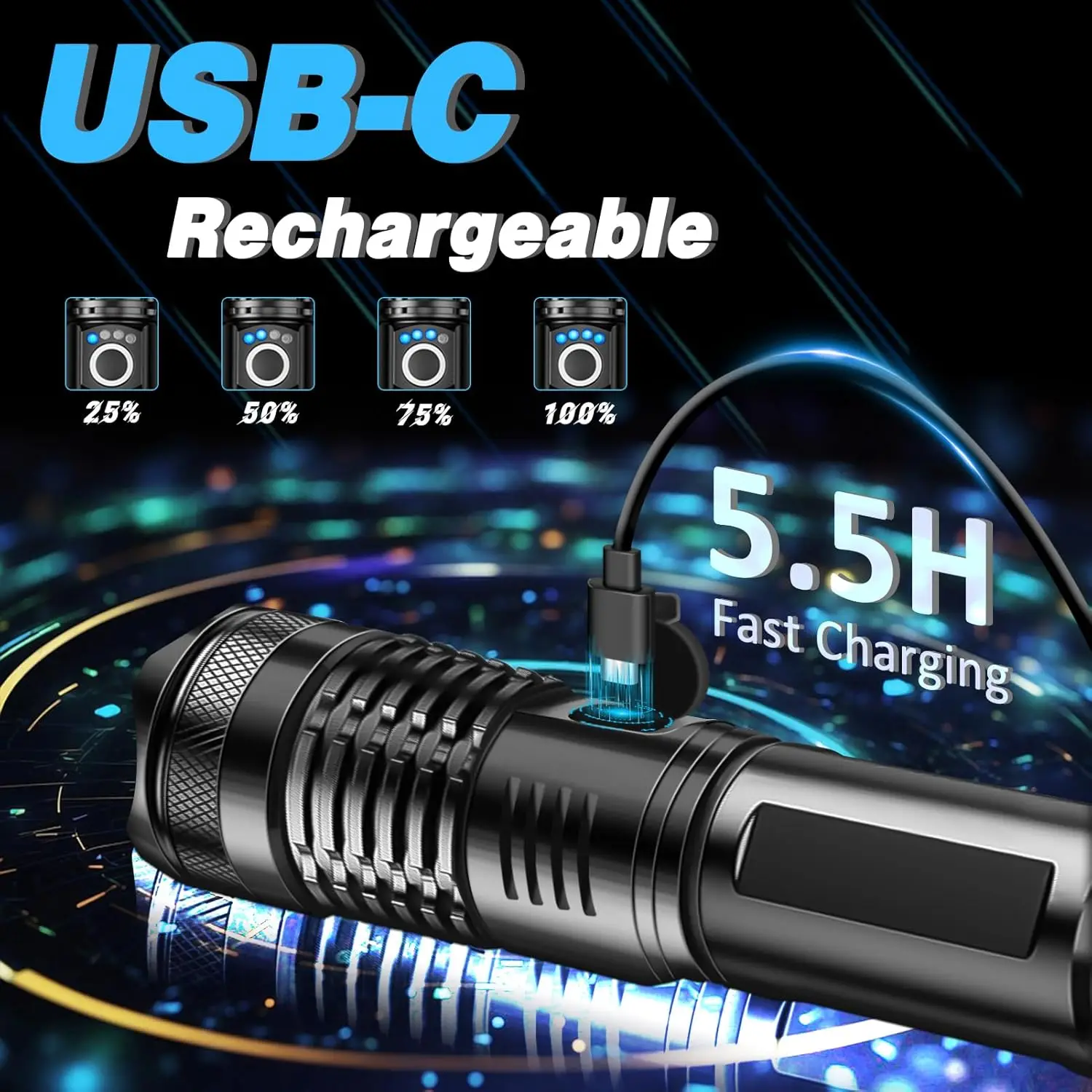 Linterna táctica LED recargable de alta potencia, lámpara con Zoom telescópico de aleación de aluminio para acampar al aire libre y pescar