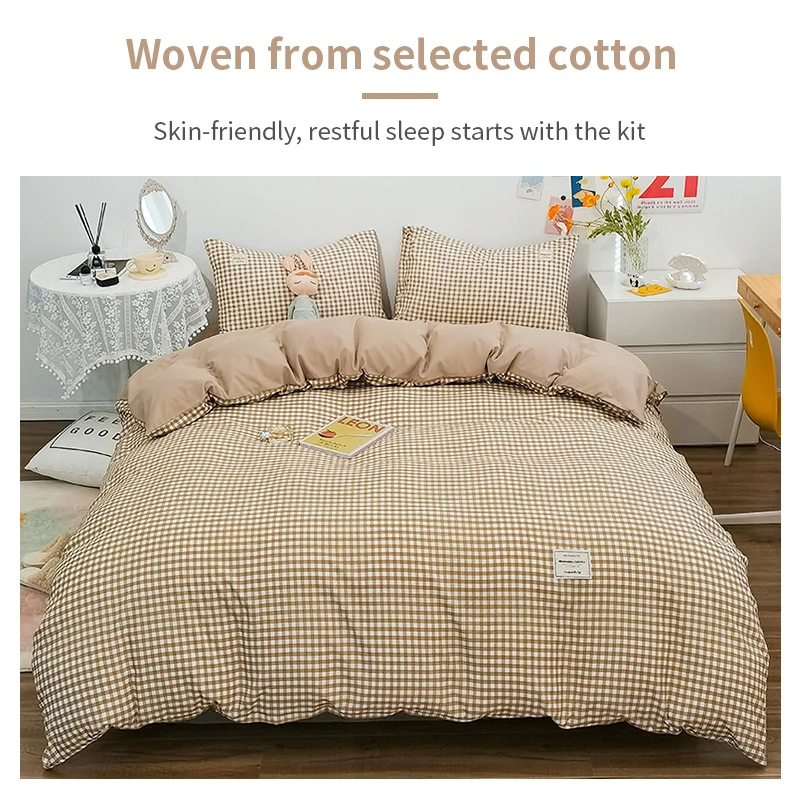 Juego de funda nórdica 100% algodón, juego de cama con rayas a cuadros, transpirable y agradable para la piel, 1 funda nórdica, 2 fundas de almohada, estilo Simple japonés