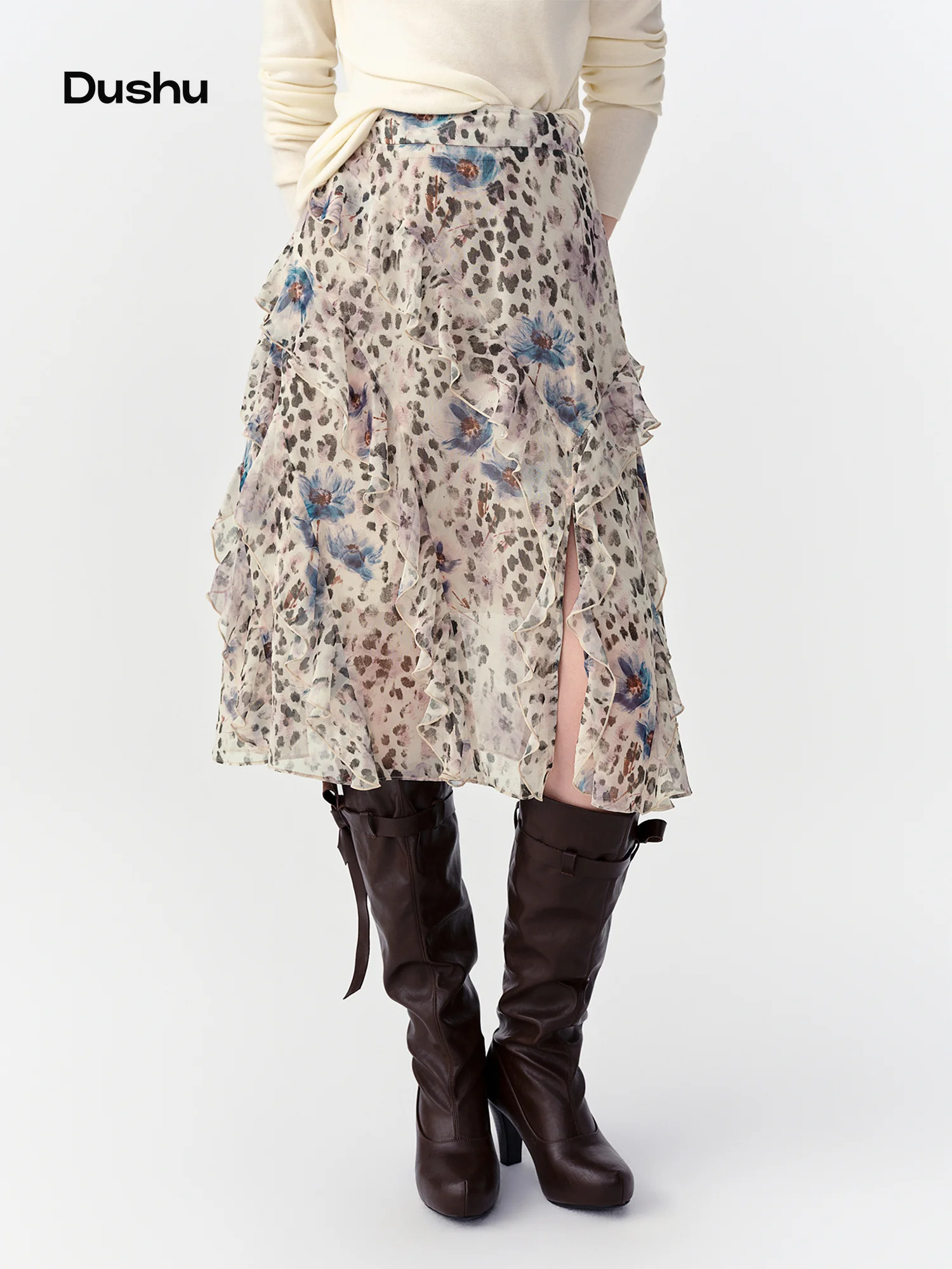 DUSHU 2026 Falda Midi con Estampado de Leopardo y Volantes para Mujer, Falda de Gasa Personalizada con Corte en A, Falda Elegante Informal, Falda Irregular Especial
