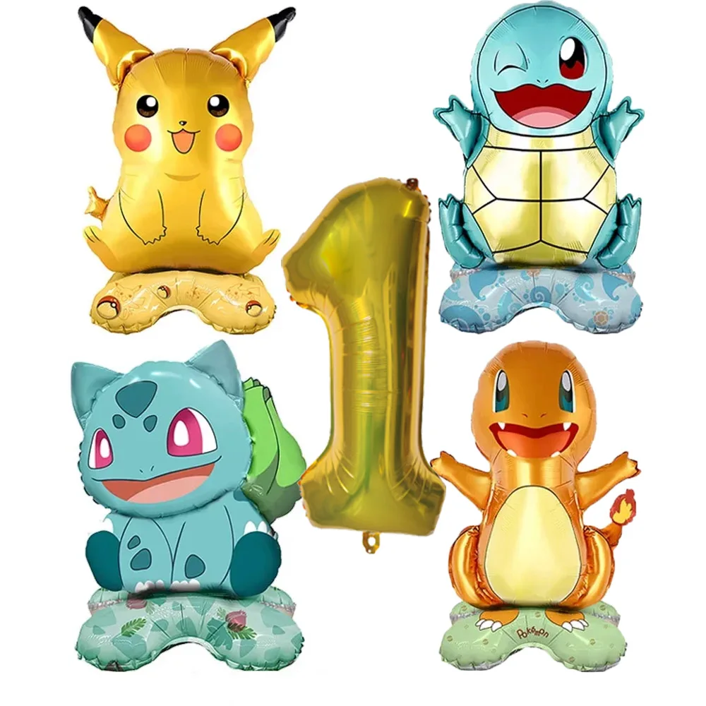Set de 5 Globos de Látex con Números de Pokémon: Pikachu, Charmander, Squirtle, Bulbasaur, para Decoración de Fiestas de Cumpleaños