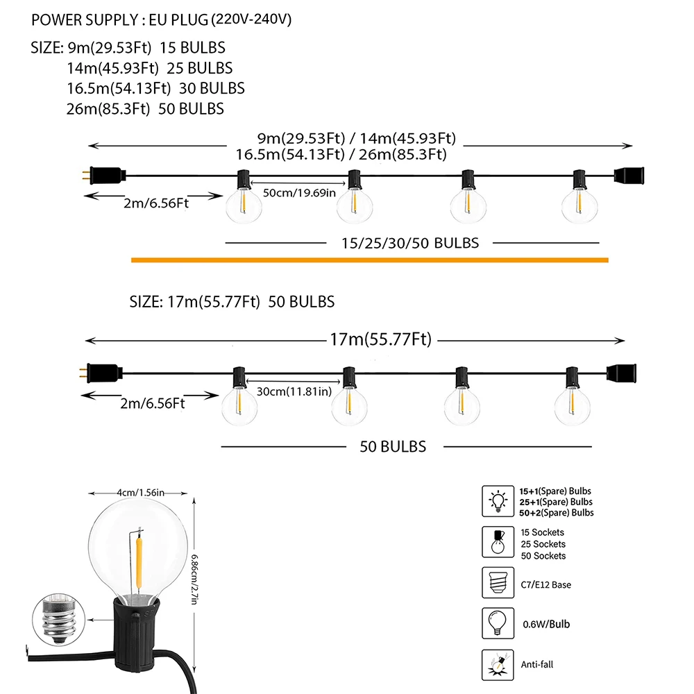 Guirnalda de luces LED para exteriores de 110V/220V, guirnalda de hadas para Patio, lámpara para boda, calle, Camping, jardín, decoración de fiesta