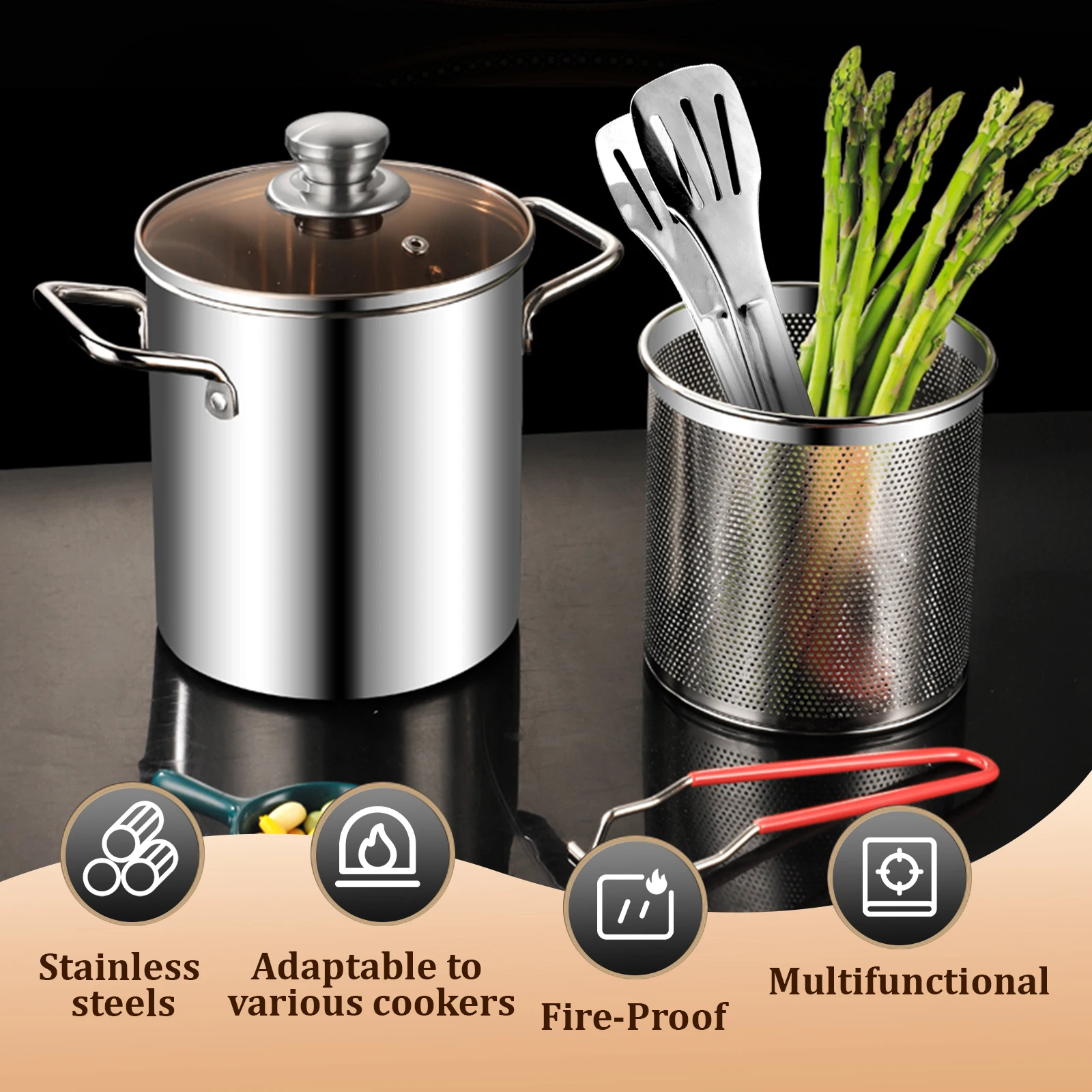 Olla para freidora de acero inoxidable 304, olla para freír con cesta y tapa, freidora de calidad alimentaria, olla para freír multifuncional de 3,2 cuartos