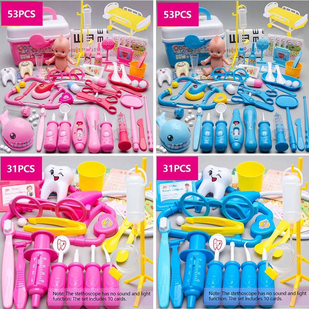 Juguetes de médico para niños, 53/31 Uds., juego de simulación de médico, herramientas de dentista, estetoscopio, juguete educativo, regalo para niño y niña