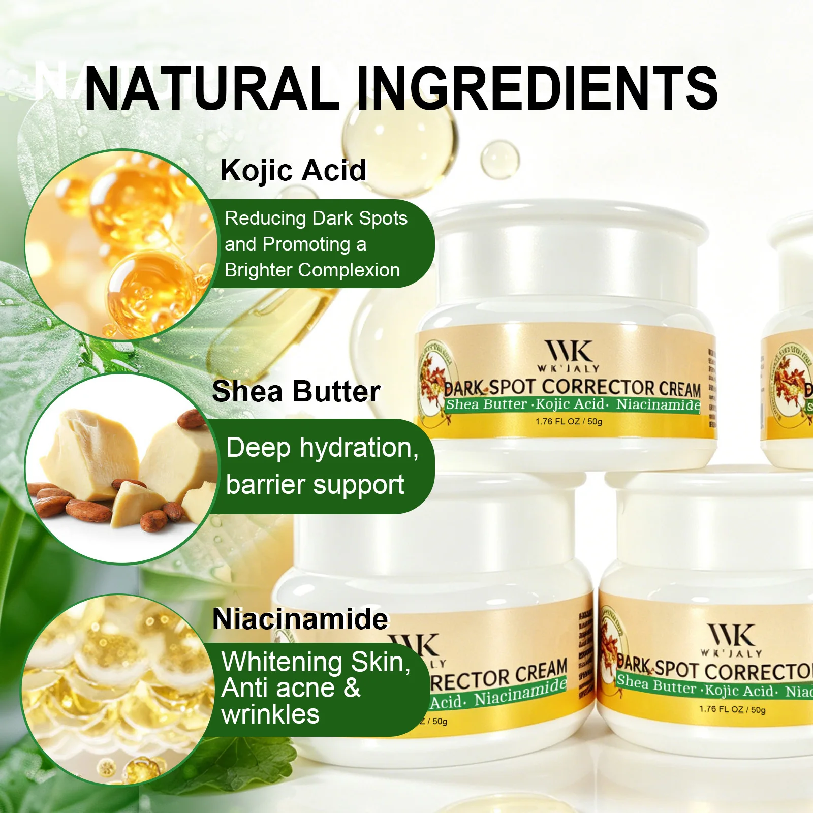 Crema Correctora de Manchas Oscuras WK JALY, Blanqueadora de Piel, Elimina Manchas Oscuras, Melanina, Pecas, Con Niacinamida, Para Todo Tipo de Piel