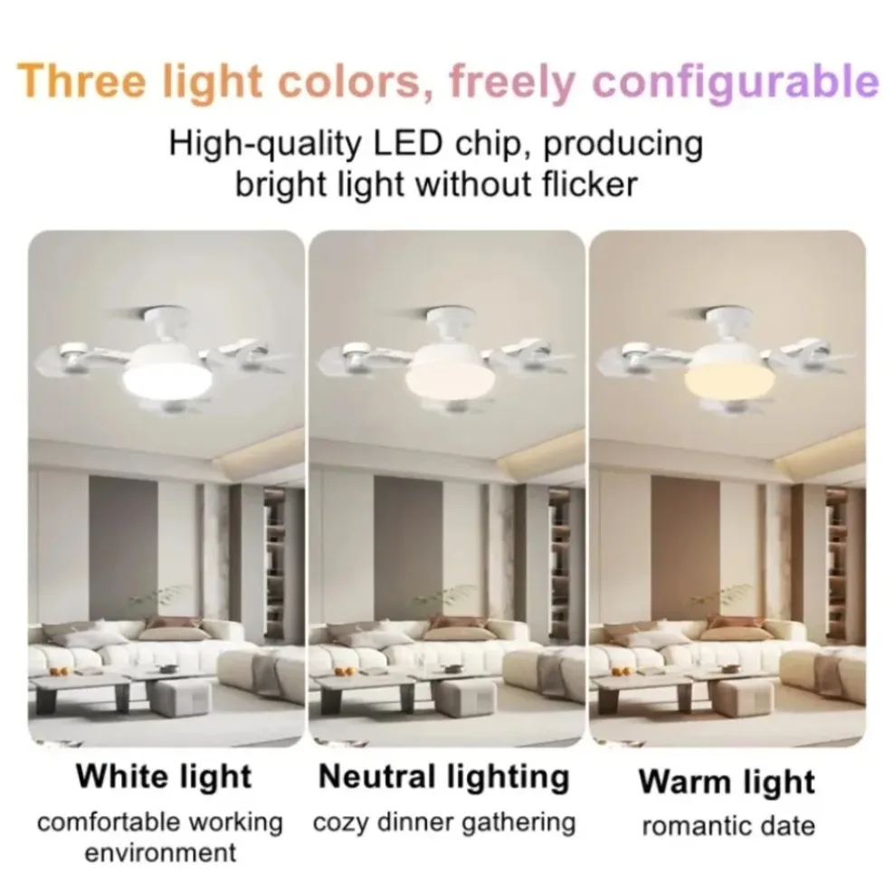 Bombilla de Luz con Ventilador E27 3 en 1, Diseño de Dron, 3/4 Aspas, Control Remoto, Lámpara de Techo con Ventilador, AC85V-265V, para Dormitorio, Restaurante, Sala de Estar